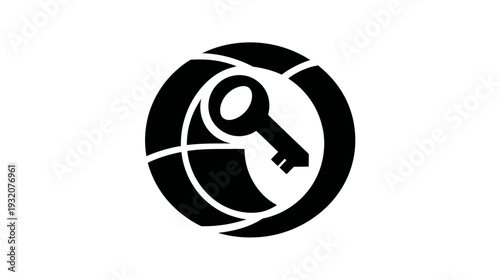 A stylized black silhouette featuring a key within a circle composed of segmented arcs on a white background