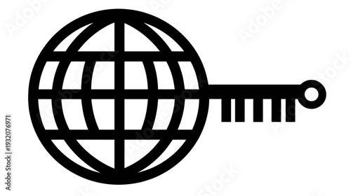 A black and white graphic depicting a key with a world globe at the keyhole