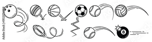 Set of Sports Ball Icons with Dynamic Motion Trails and Speed Lines in Black and White Outline Style for Athletic Club Identity and Team Games Isolated on White