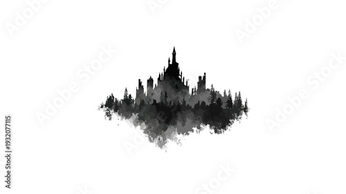 Black and white illustration of a castle and forest merged into a dark silhouette, isolated