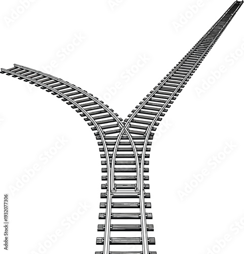 A black and white image of a railroad track diverging into two paths
