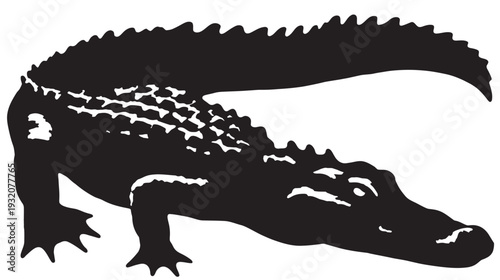 A black and white illustration of an alligator silhouette on a white background