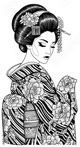 Elegant Japanese Woman in Traditional Kimono with Floral Patterns.