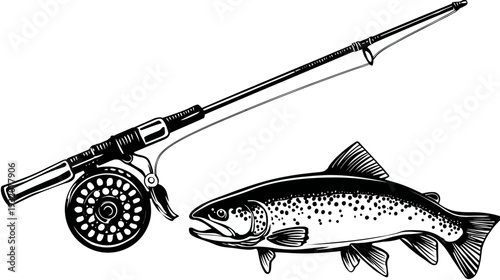 A detailed illustration of fishing equipment with a fish and a fishing rod in black and white