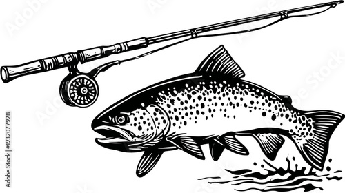 A black and white illustration of a fish next to a fishing rod with reel