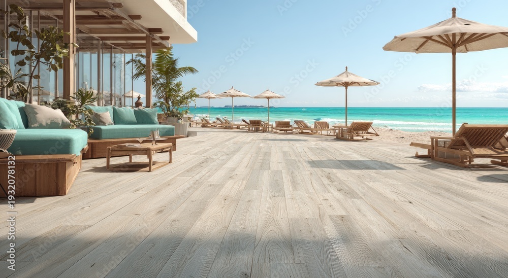 Fototapeta premium Luxury Beach Resort Lounge Area with Ocean View and Umbrellas.