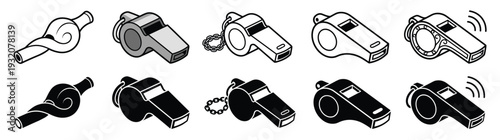 Professional Sports Whistle and Referee Equipment Vector Icon Set with Various Isometric Styles and Sound Signal Illustrations for Coaching and Games Isolated on White Background