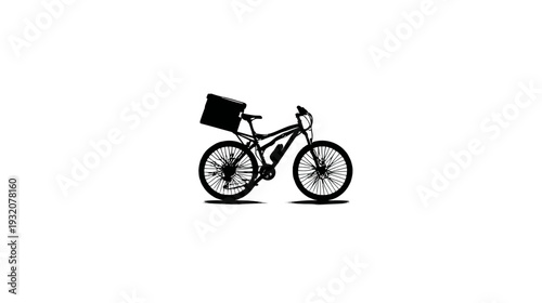 A black silhouette illustration of a delivery bicycle with a rectangular container on the rack