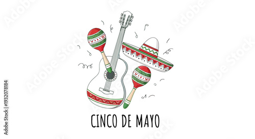 Colorful Guitar Maracas and Tambourine Illustration.
