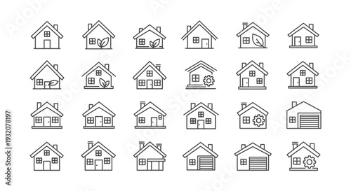 a diverse set of line art house icons featuring residential buildings smart homes and green living concepts for real estate.