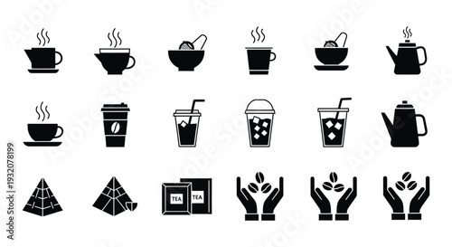 a comprehensive collection of hot and cold coffee and tea beverage icons ideal for restaurant menus and digital design projects.