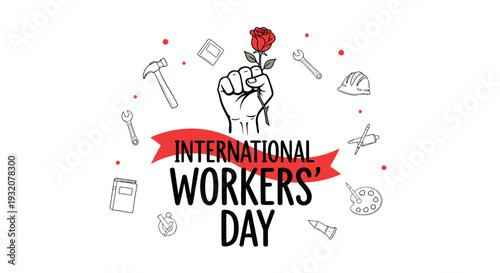 Fist holding red rose on Workers Day.