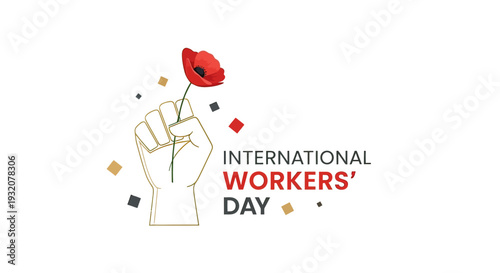 Fist holding red poppy on Workers Day.