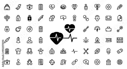 medical icons collection with heart monitor and ecg line symbolizing modern healthcare and wellness technology