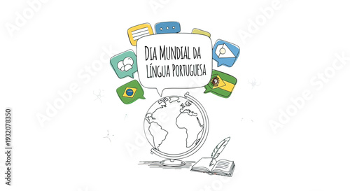 Globe with Quill and Language Symbols.