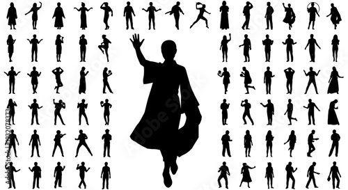 diverse collection of black human silhouettes in various dynamic poses and actions perfect for graphic design elements and abstract concepts.
