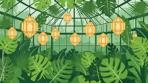lush tropical greenhouse interior with hanging ornate golden lanterns ideal for botanical garden or exotic decor themes.