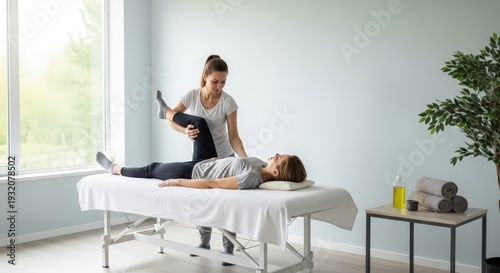 Physiotherapist Performing Leg Stretch Therapy on Patient in Modern Clinic Rehabilitation Concept
