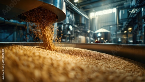 Close-up of Malted Barley Being Processed in a Brewery Production Facility.