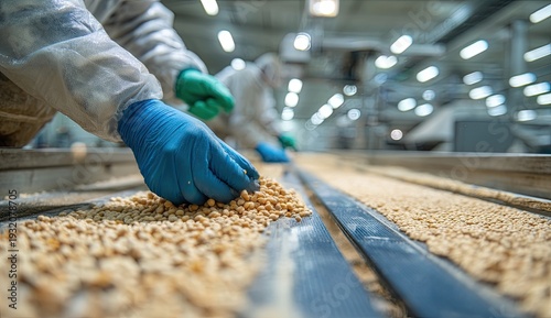 Food Production Line Workers Inspecting Quality of Grains on Conveyor Belt.