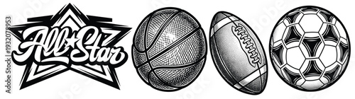 Professional All Star sports emblem and game ball set including basketball football and soccer ball in detailed black and white graphic illustration for athletic branding