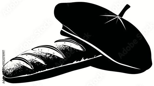 A baguette and a beret are presented in a stylish black and white vector art design
