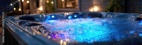 Luxury hot tub with colorful LED lights at night, creating a relaxing ambiance.