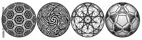 Professional set of soccer balls with intricate geometric and artistic patterns including star honeycomb and swirl designs for sports branding and creative logo design projects