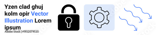 Black lock icon beside a cogwheel in a light blue box and three blue flowing arrows. Ideal for technology, security, process workflow, engineering, system management, data flow, simple landing page
