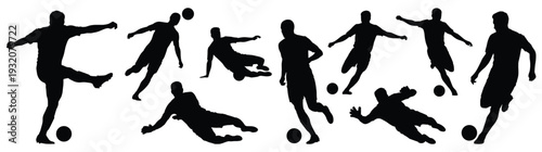 Large set of professional soccer player silhouettes in dynamic poses including kicking dribbling and heading for sports team branding and athletic competition vector illustration