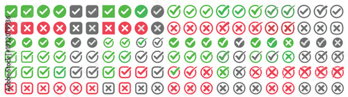 Large set of check mark and cross icons in green red and grey colors for web and mobile app interface design including tick and x symbols in circle and square shapes flat vector illustration