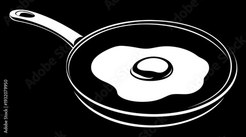 A white illustration of a fried egg in a skillet with a handle