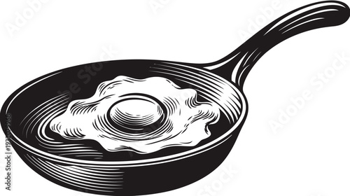 A black and white illustration of an egg frying in a skillet with a handle