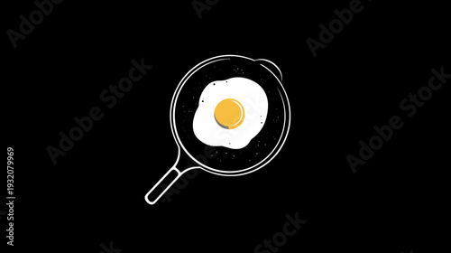 A simple, minimalist illustration of a fried egg in a pan, set against a black background