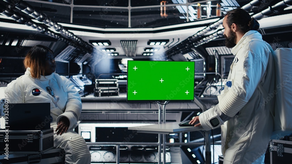 Fototapeta premium Astronauts fly together in starship, looking at isolated screen monitor, gathering samples for study. Scientists using chroma key display before landing on red planet