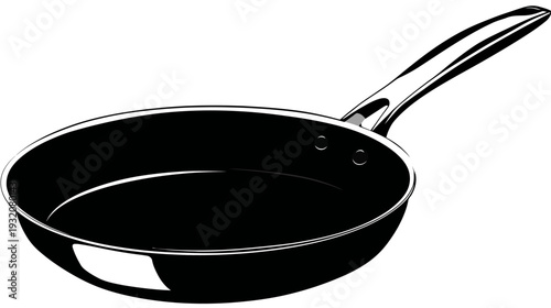 A black and white illustration of a skillet with a long handle.  The pan has a curved edge
