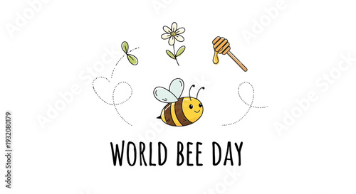 Cartoon Bee with Honey Dipper and Flower.