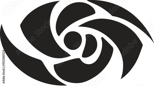 A symmetrical abstract design in black and white, resembling a stylized eye or floral pattern