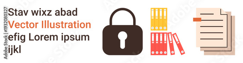 Data privacy, document management, file organization, compliance, digital security, secure storage. A padlock, colorful file folders and papers on a clipboard. Data privacy and document management