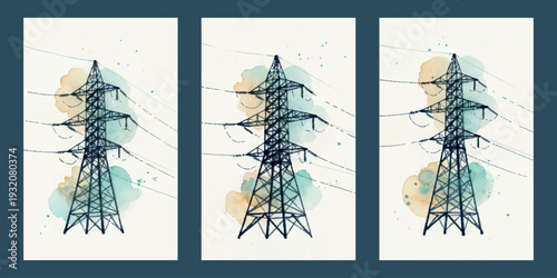 A collection of conceptual graphic solutions for modern commercial projects featuring power lines.
