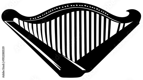 A black and white stylized illustration of a harp musical instrument (1)
