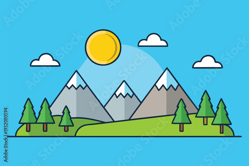 Serene mountain landscape with sunny sky and green trees