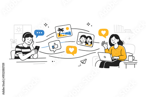 Maintaining long-distance friendships through social platforms. Two characters in different locations connected by flowing message lines, sharing photos and