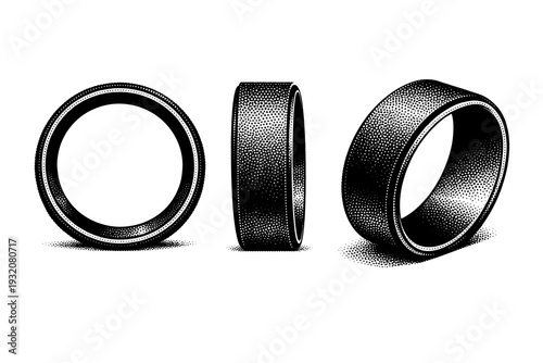 Yoga wheel depicted in front circular view, side profile, and tilted perspective within one composition, showing hollow core and textured outer surface with