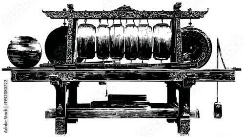 Black and white illustration of an Asian instrument with hanging bells and drums on a decorated wooden structure