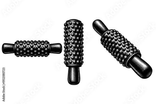Massage tool handheld massage roller with cylindrical core and textured surface, shown from front, side, and angled perspective. Black and white dot style with