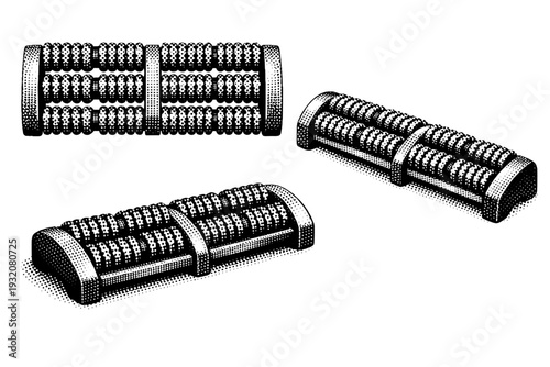 Massage tool wooden foot massager roller with multiple rotating ridged cylinders, shown from top, side, and perspective view. Black and white dot style with