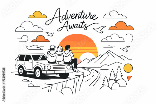 Mountain road sunset trip. Car parked on a cliff edge, friends sitting on the hood watching a huge setting sun, arms around each other. Floating birds and