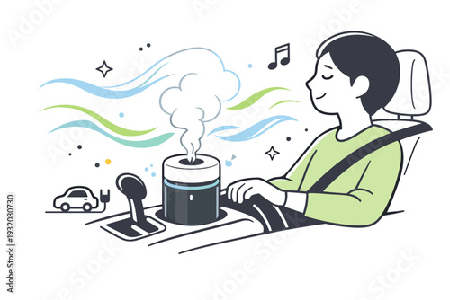 Electric car aroma diffuser with soft mist. A small device placed in cup holder releasing gentle vapor clouds, driver enjoying a relaxed commute. Abstract