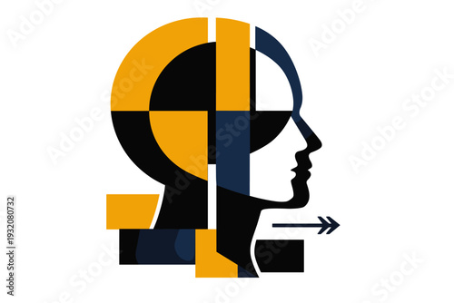 A side-profile black-and-white face constructed from overlapping geometric shapes, bold semi-circles and vertical lines in mustard yellow and dark navy cutting